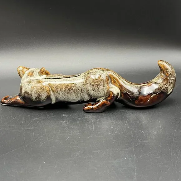 Vintage Art Pottery Fox Figurine Brown Drip Glaze Handcrafted Ceramic Sculpture - Picture 6 of 12